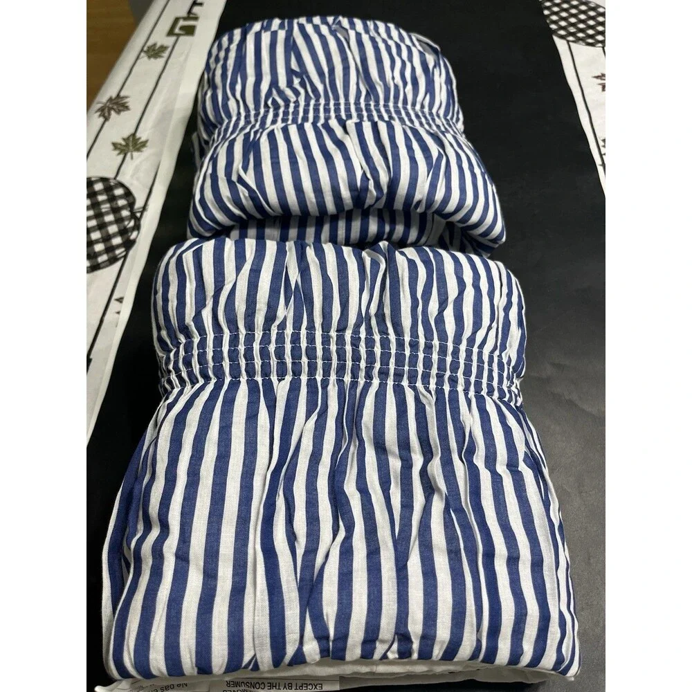 Pair of Pottery Barn Blue White Stripe Ruched Puffy Standard Pillow Shams New